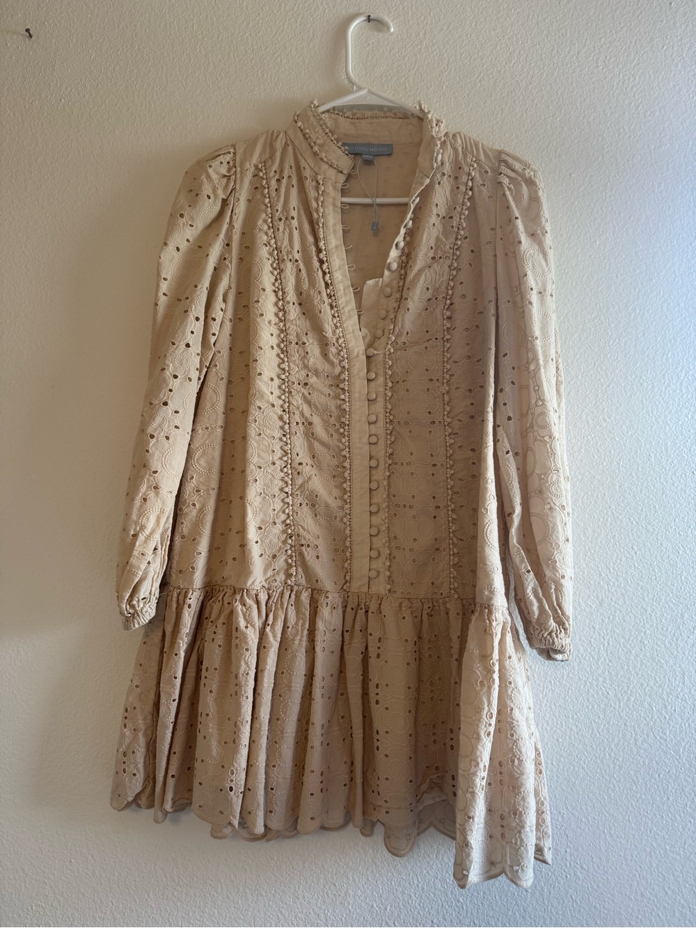 ANTONIO MELANI Beige Eyelet Ruffle-Trim Long Sleeve Dress